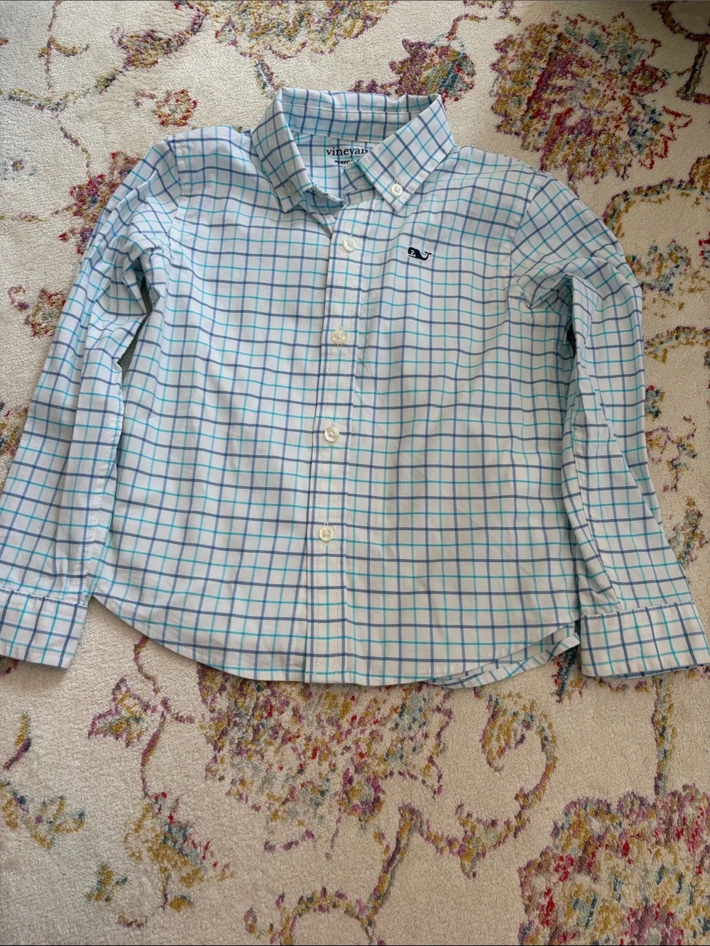 Vineyard Vines Boys White Button-Down Shirt with Light Blue Grid